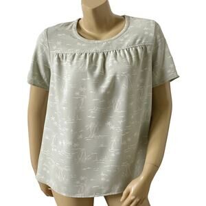 Denim & Co Sage Green Tropical Palm Print Top Womens XS Short Sleeve Lightweight